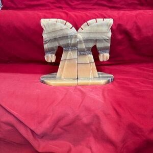 Polished Onyx Horse Head Bookends in Brown and Cream